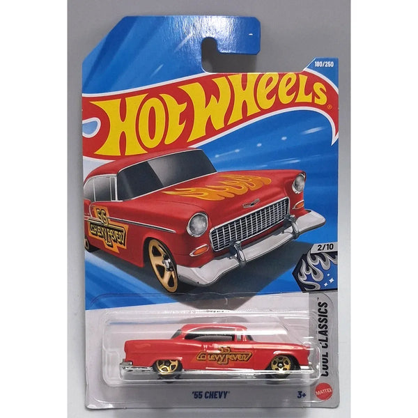 Hot Wheels '55 Chevy die-cast toy car in its original blister card packaging, featuring a red car with yellow flame decals and gold wheels.