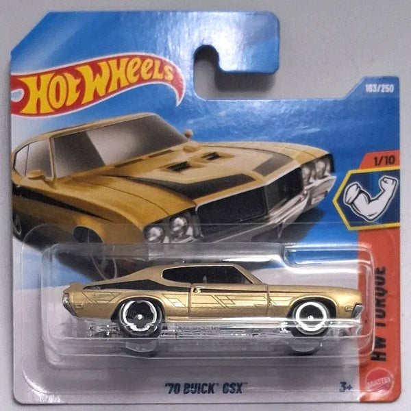 Hot Wheels '70 Buick GSX die-cast toy car in its original blister card packaging, featuring a metallic gold car with black stripes.