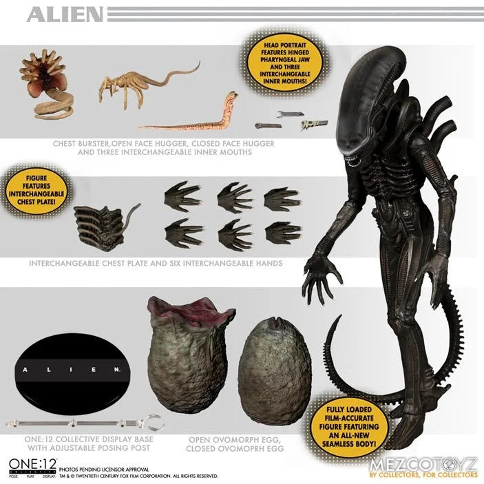Mezco Toyz Alien Xenomorph One:12 Collective 7 Inch Action Figure, showing figure, chest burster, eggs, and hand accessories