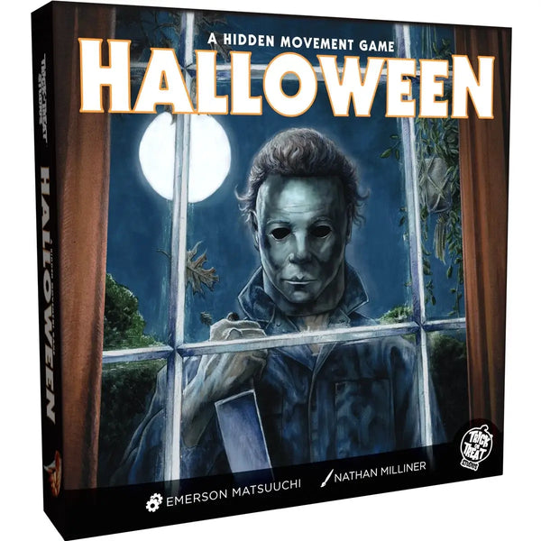 Board game box for 'Halloween: A Hidden Movement Game' featuring a dark illustrated scene of a masked figure behind a window under a full moon, with the title 'HALLOWEEN' in large white letters and publisher logos at the bottom.