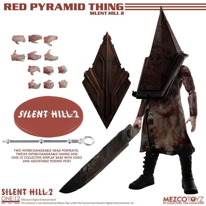 Mezco Toyz Silent Hill 2: Red Pyramid Thing One:12 Collective Action Figure - ad sheet showing figure with helmet and hand accessories