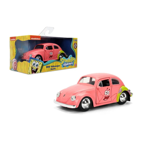 A pink SpongeBob-themed toy car shown next to its retail packaging box on a plain white background. The box features Nickelodeon and SpongeBob SquarePants branding.