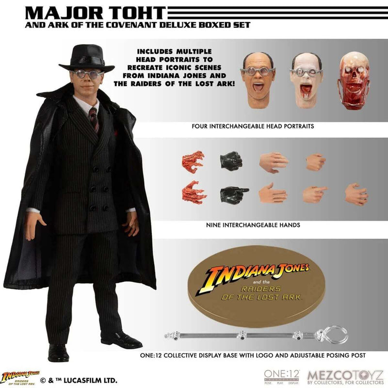 Mezco Toyz Major Toht and the Ark, Raiders of the Lost Ark One:12 Collective Deluxe Boxed Set, unpackaged showing body accessories
