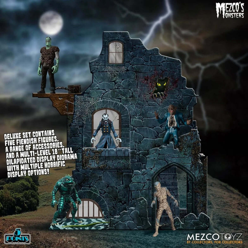 Mezco's Monsters Tower of Fear 5 Points Action Figures Deluxe Box Set, showing left side of castle diorama with figures