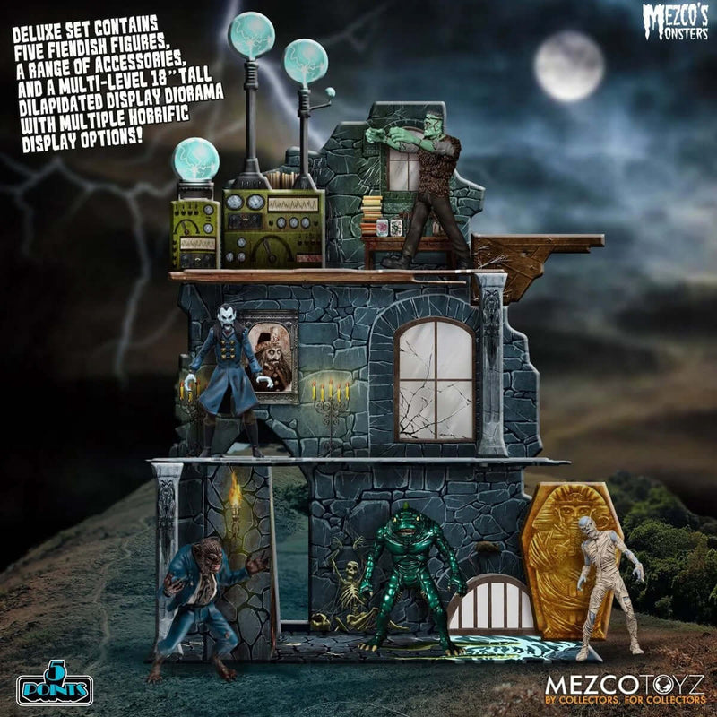 Mezco's Monsters Tower of Fear 5 Points Action Figures Deluxe Box Set, showing right side of diorama with figures