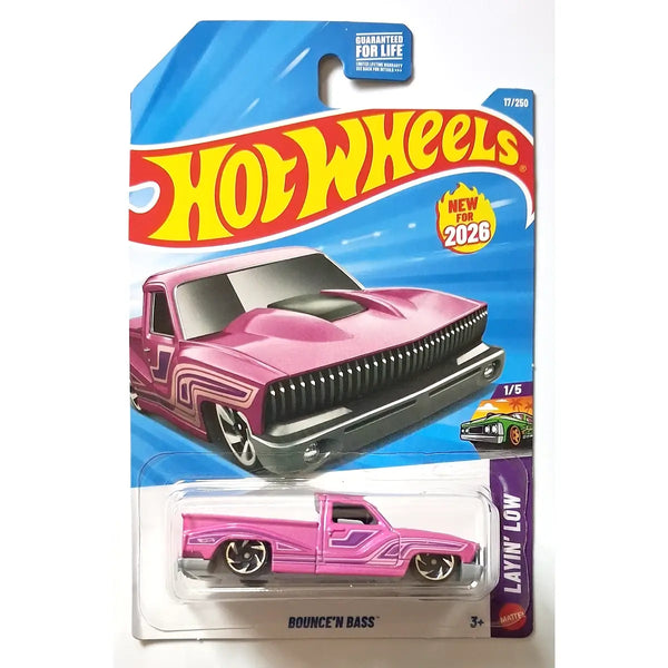 Hot Wheels 2026 Mainline Hot Wheels Layin' Low Series Cars (US Card) pink with purple stripes pickup truck