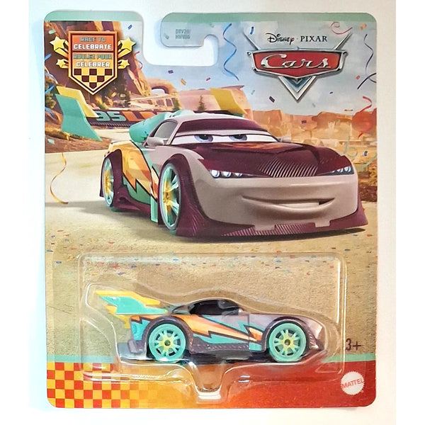 Disney Pixar Cars die-cast toy car in its original blister card packaging, featuring Boost with a custom multicolor paint job.