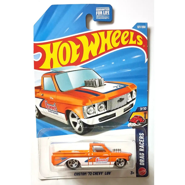 Hot Wheels Drag Racers Custom '72 Chevy Luv die-cast toy car in its original blister card packaging, featuring an orange and white truck design with blue stripes.