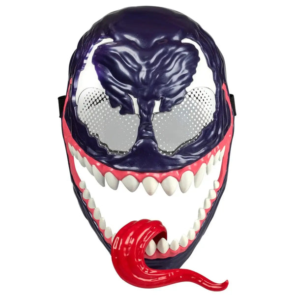 Venom mask with red and blue design on a white background