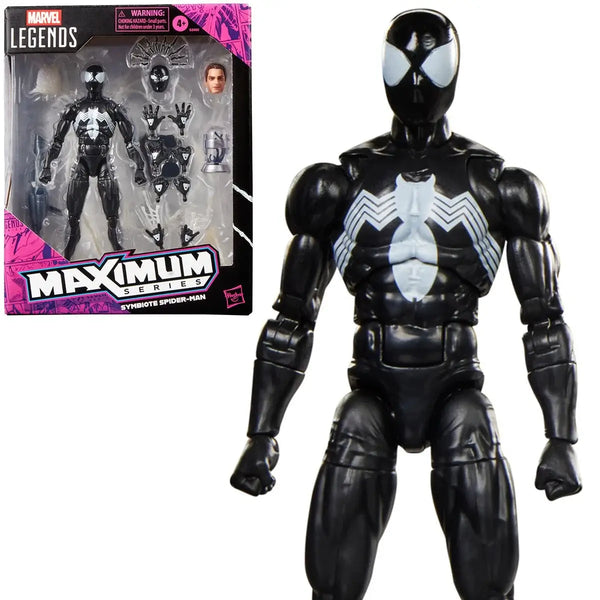 Marvel Legends Maximum Series Venom action figure shown standing next to its retail packaging box on a plain white background.