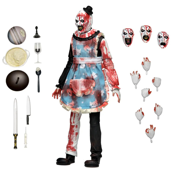 A horror clown action figure shown with multiple accessories and interchangeable parts on a plain white background. The figure wears a blood-splattered apron over a black-and-white outfit, with clown face masks, multiple hands, knives, a spoon, a wine glass, and other props arranged around it.