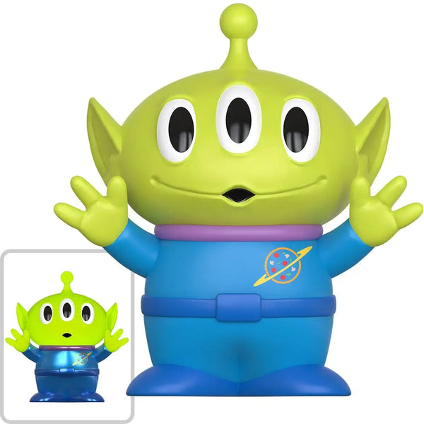 Green alien toy figure with blue pants and space-themed design on a white background