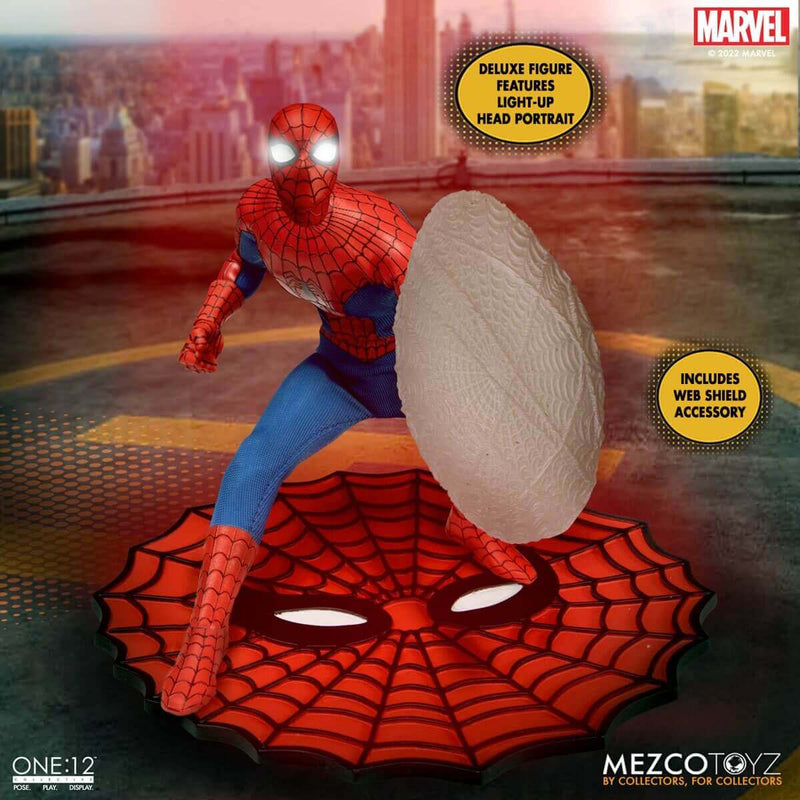 Mezco Toyz The Amazing Spider-Man One:12 Collective Deluxe Edition Action Figure with web shield accessory and light-up eyes