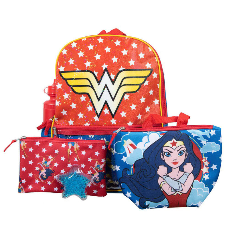 Wonder Woman 5-Piece Backpack Set - BioWorld, showing backpack and accessories