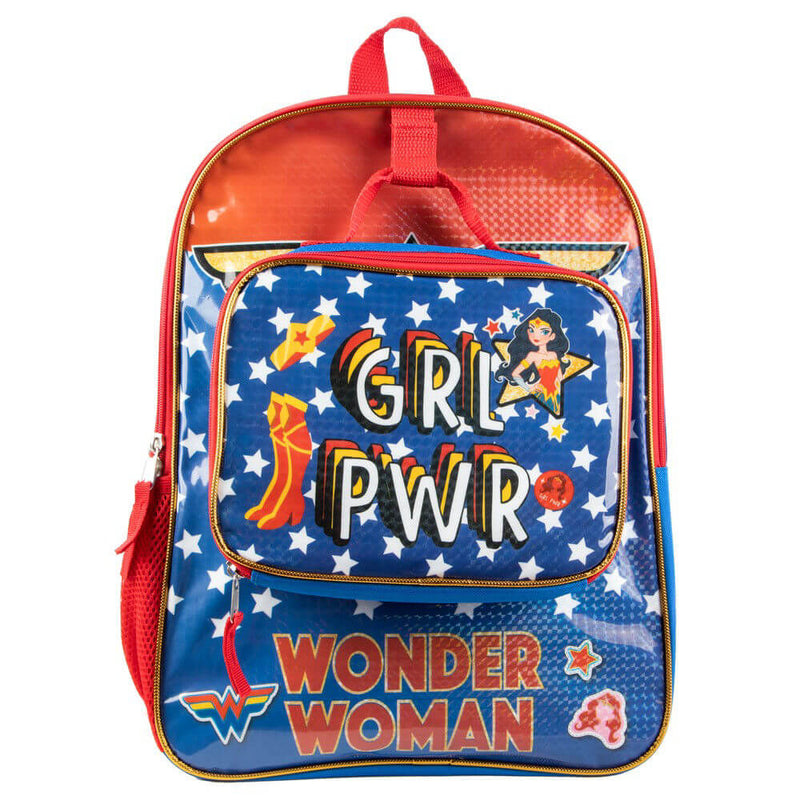 Backpack with Wonder Woman design featuring 'Girl Pwr' text on a blue background.