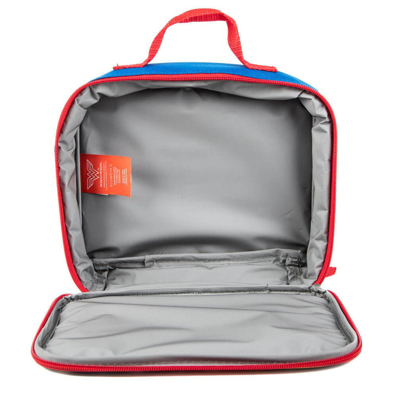 Open gray lunch bag with red trim and a visible brand tag on a white background