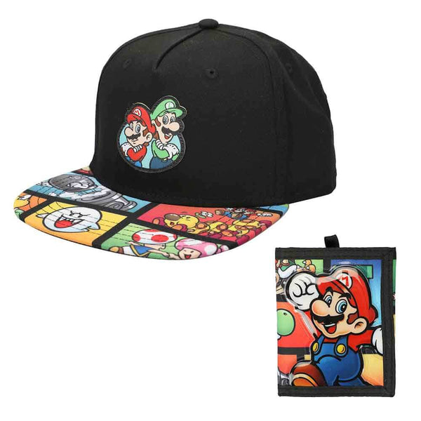 Super Mario Bros Flat Bill Snapback Hat & Bi-fold Wallet Combo