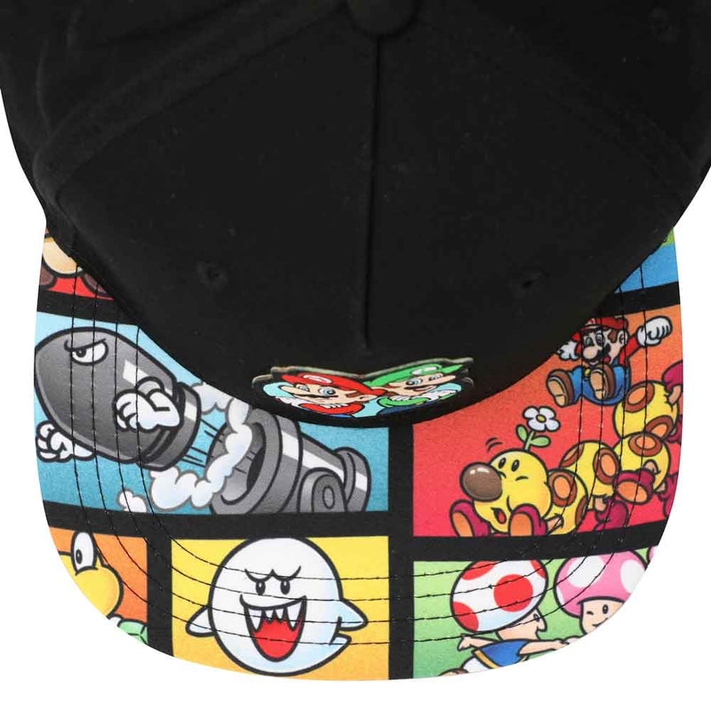 Super Mario Bros Flat Bill Snapback Hat & Bi-fold Wallet Combo, bill top closeup