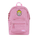 Pink backpack with a super mario bros princess patch on a white background