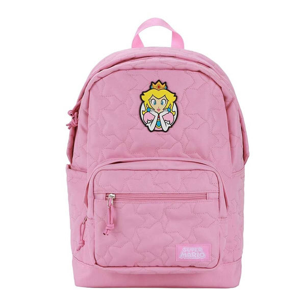Pink backpack with a super mario bros princess patch on a white background