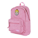 Pink backpack with super mario bros princess patch on a white background