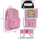 Pink backpack with features highlighted on a white background