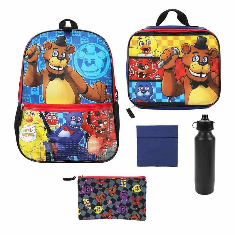 Five Nights at Freddy's Characters Youth 5 Piece Backpack Set - BioWorld, showing all accessories