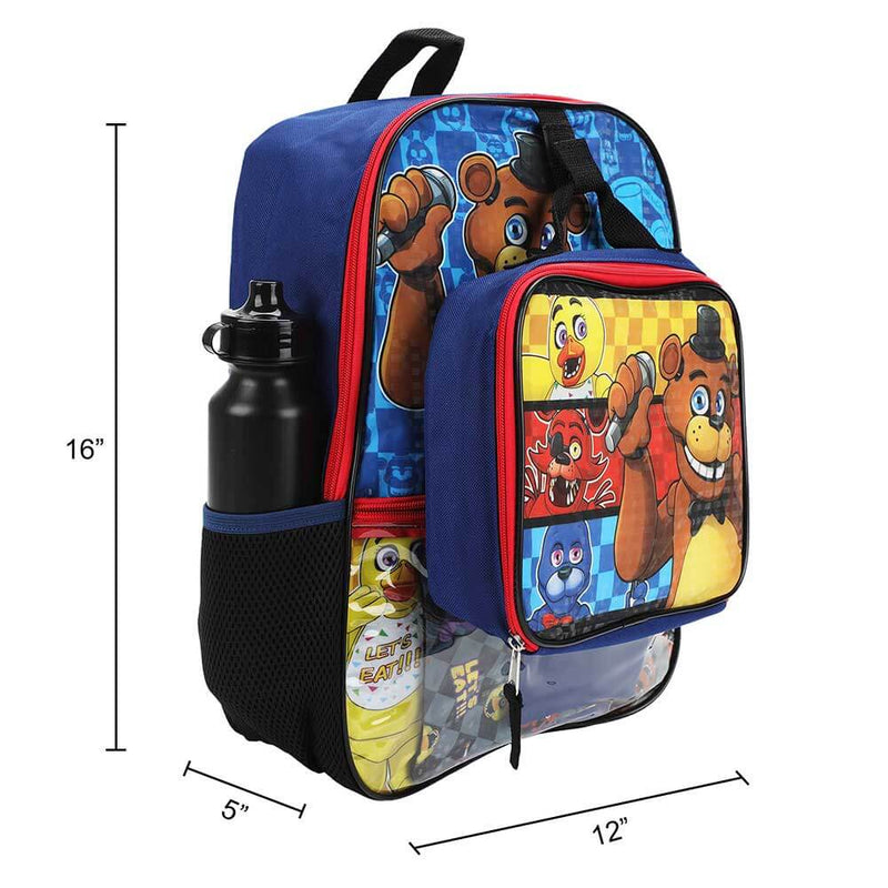 Five Nights at Freddy's Characters Youth 5 Piece Backpack Set - BioWorld, showing measurements