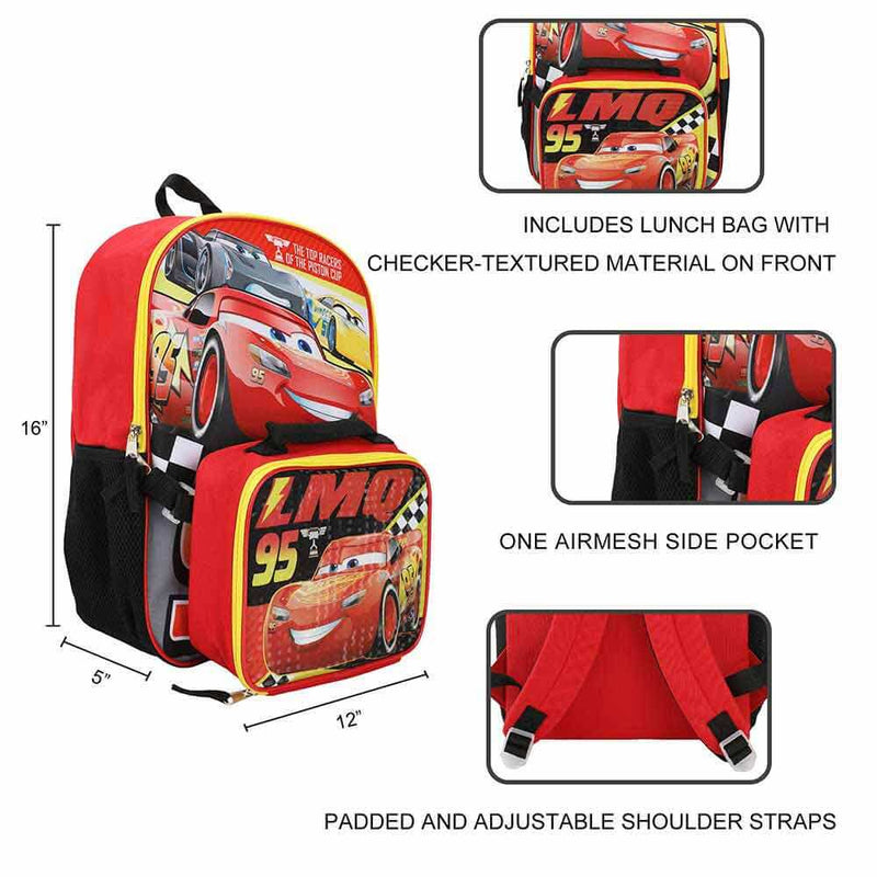 Disney Pixar Cars Youth Backpack & Lunch Tote, showing detail blowups and backpack measurements