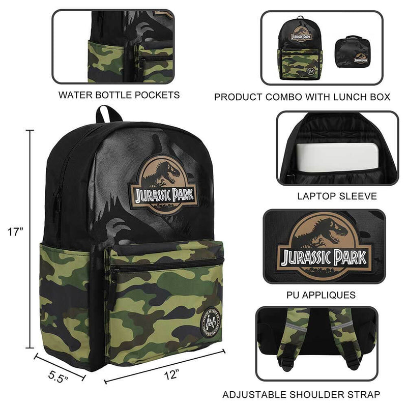 Jurassic Park INGEN Camo Backpack & Lunch Tote - BioWorld, showing measurements and feature details