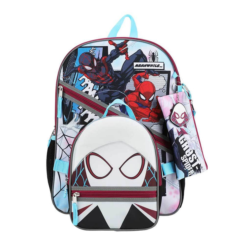 Spider-Gwen Marvel 5-Piece Youth Backpack Set - BioWorld, showing backpack front with lunch bag