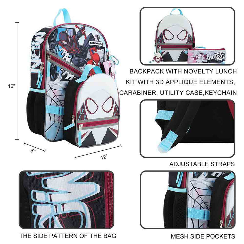 Spider-Gwen Marvel 5-Piece Youth Backpack Set - BioWorld, showing backpack measurements and all accessories