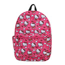 Pink backpack with Hello Kitty pattern on a white background