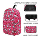 Pink backpack with Hello Kitty pattern, features highlighted on a white background