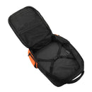 Black backpack with orange interior on a white background