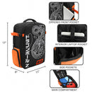 Black and orange Dragon Ball Z themed backpack with measurements and feature insets on a white background
