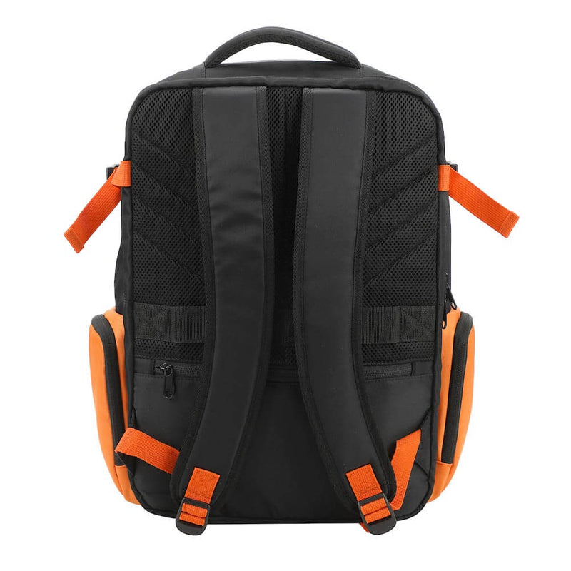 Black and orange backpack on a white background
