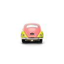 Toy car with pink top and green body on a white background