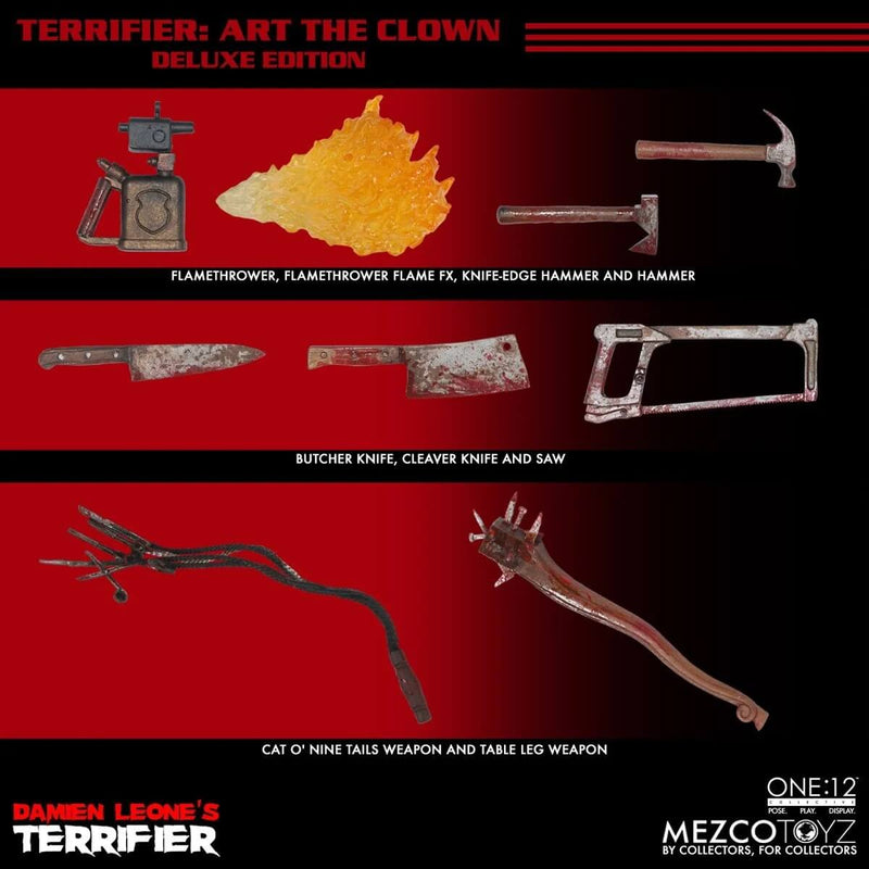 Terrifier Art the Clown Deluxe One:12 Collective Action Figure - Mezco Toyz, ad overlay showing weapon accessories