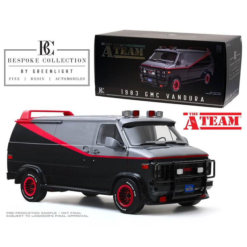 The A-Team 1983 GMC Vandura Resin 1:12 Scale Vehicle – Greenlight Bespoke Collection, van and packaging with Bespoke and A-Team labels