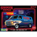 Model kit box for '77 GMC The Squawk Van from 'Stranger Things' with 'Revell' branding.