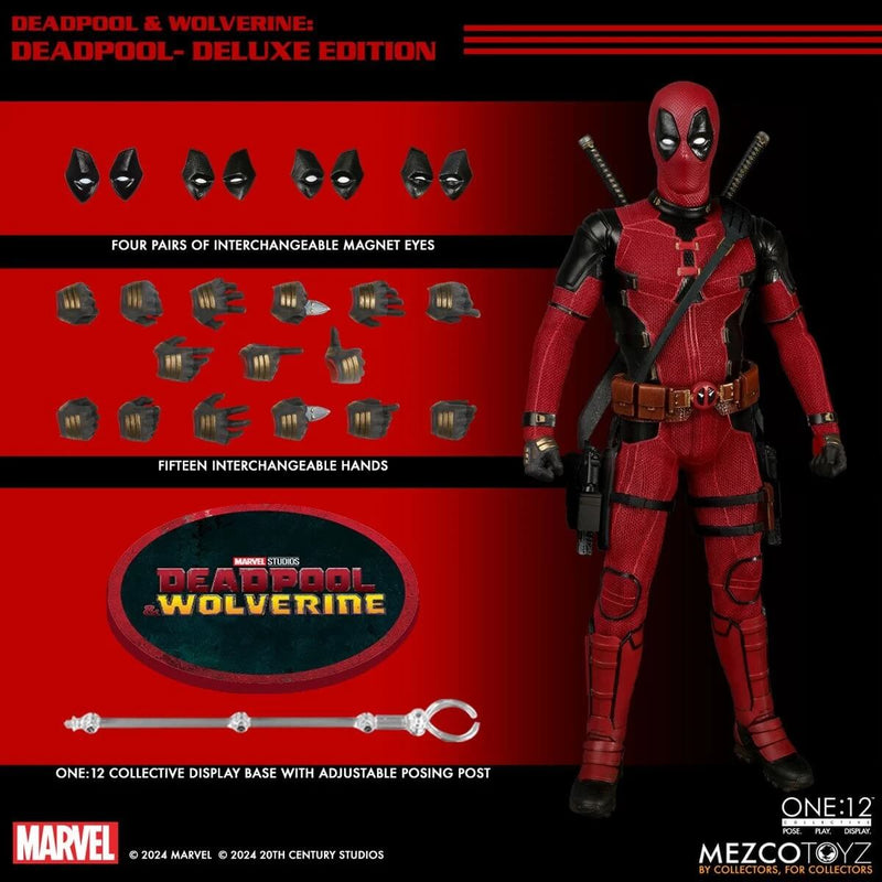 Deadpool Deluxe Edition One:12 Collective Mezco Toyz Action Figure, showing figure and accessories