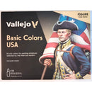 Vallejo Basic Colors USA paint set packaging with a historical figure holding an American flag.