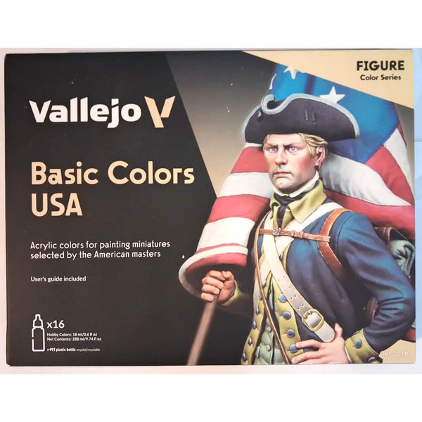 Vallejo Basic Colors USA paint set packaging with a historical figure holding an American flag.