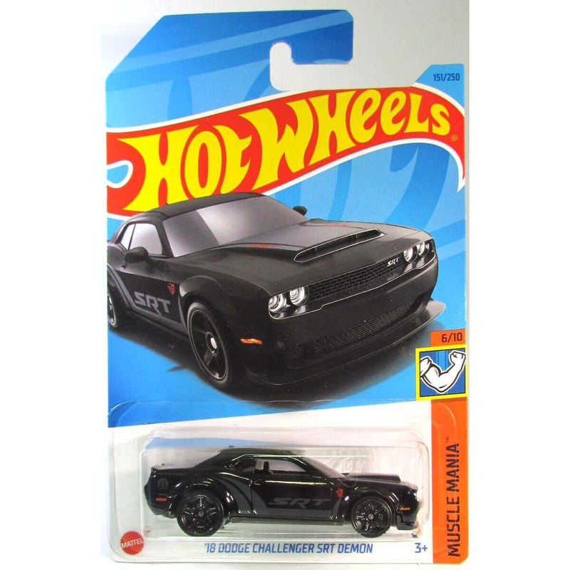 Hot Wheels 2023 Mainline Muscle Mania Series 1:64 Scale Diecast Cars (International Card), '18 Dodge Challenger SRT Demon (Black) 6/10 151/250 HKK90