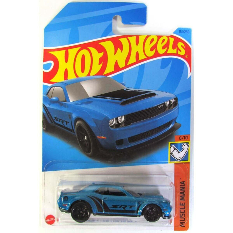 Hot Wheels 2023 Mainline Muscle Mania Series 1:64 Scale Diecast Cars (International Card), Dodge Challenger SRT Demon (Blue)