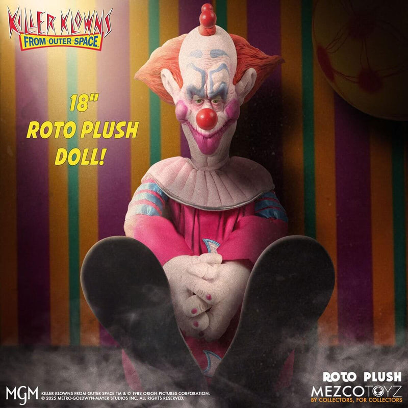 18-inch Roto plush doll from Killer Klowns from Outer Space with colorful background