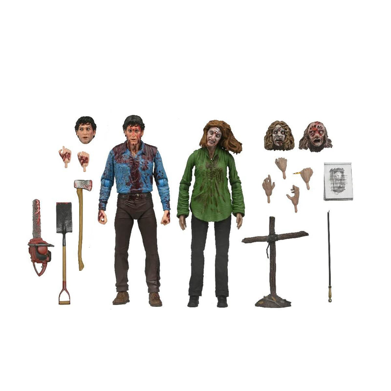 Evil Dead Ultimate Bloody Ash & Cheryl Williams 2-Pack 7" Scale NECA Action Figures, unpackaged showing accessories