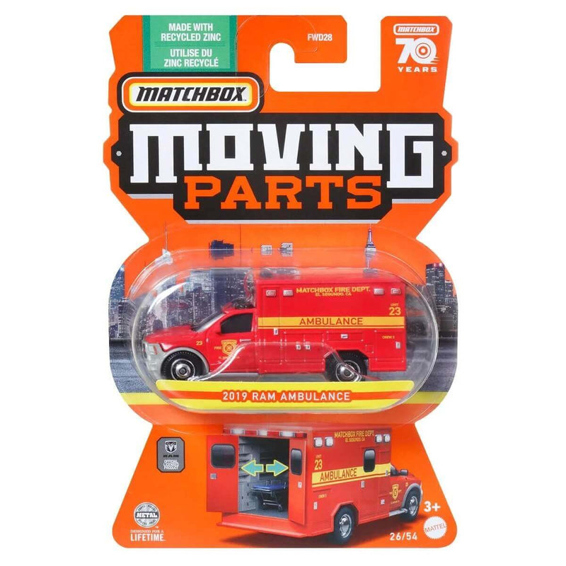 Matchbox 2023 Moving Parts Series (Wave 5) 1:64 Scale Diecast Vehicles, 2019 Ram Ambulance