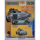 Matchbox toy car packaging with a green car inside on a yellow background